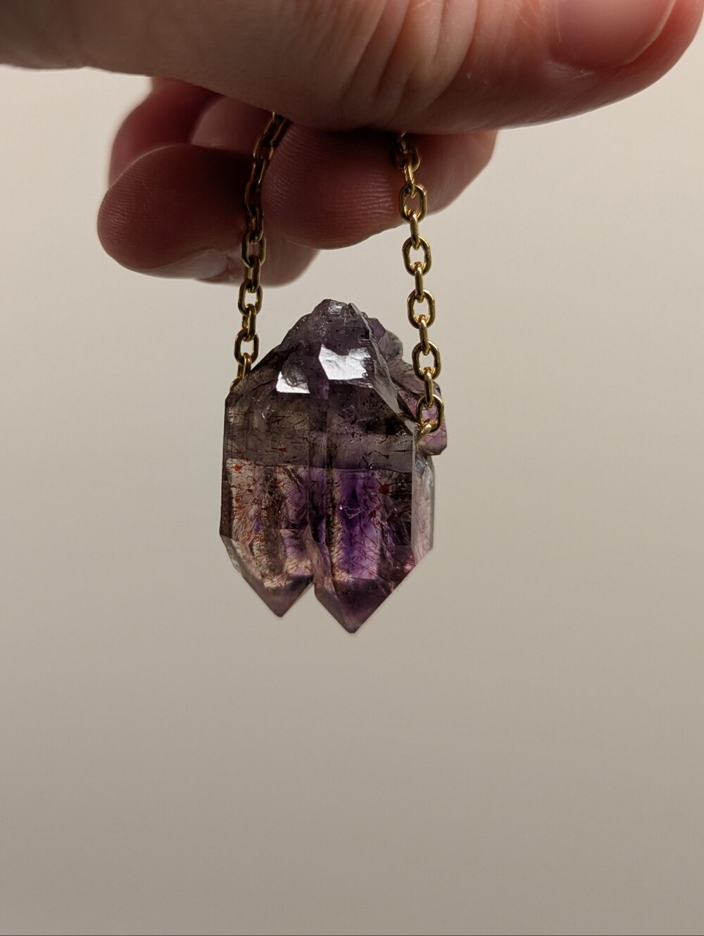 Shangaan Amethyst Twin Points Crystal Pendant on Gold-filled Chain Necklace